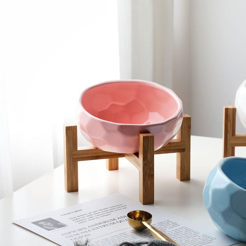 Elevated Ceramic Pet Bowl with Wooden Stand