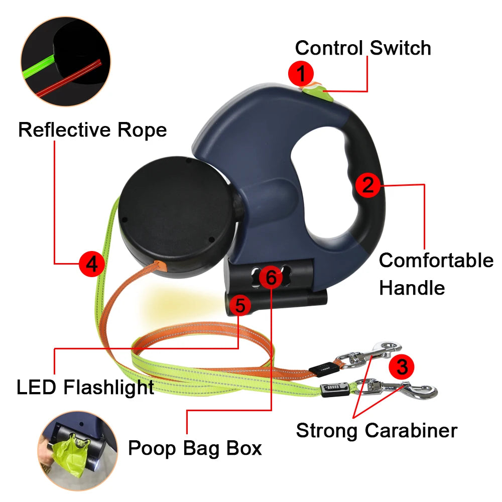 3M Retractable Dual Dog Leash with LED Light & 360° No-Tangle Design