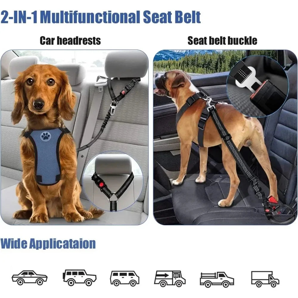 2-in-1 Adjustable Dog Cat Car Seat Belt & Headrest Safety Leash
